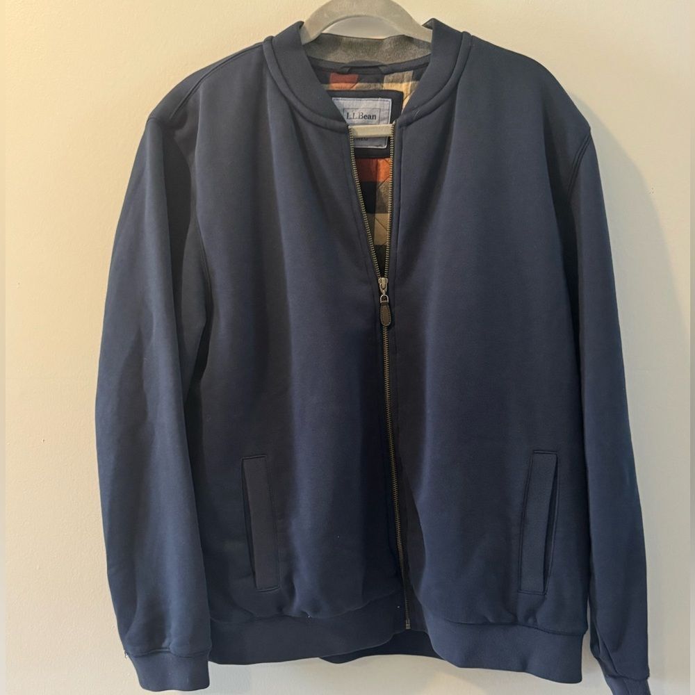 LL Bean Sweatshirt Plaid Flannel Lined Full Zip Mens Blue Traditional Fit L